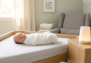 A swaddled newborn baby sleeping peacefully on a flat, firm mattress in a naturally lit, minimalist nursery next to a glowing nightlight sound machine.