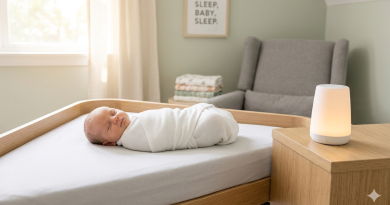A swaddled newborn baby sleeping peacefully on a flat, firm mattress in a naturally lit, minimalist nursery next to a glowing nightlight sound machine.