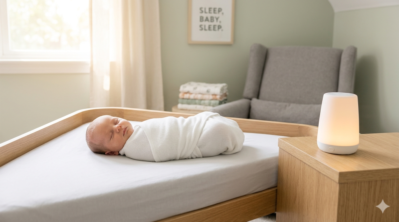A swaddled newborn baby sleeping peacefully on a flat, firm mattress in a naturally lit, minimalist nursery next to a glowing nightlight sound machine.