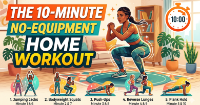 A vertical, infographic-style Pinterest Pin titled "THE 10-MINUTE NO-EQUIPMENT HOME WORKOUT". The left side features a prominent illustration of a woman in teal workout gear performing a bodyweight squat inside a cozy, modern living room. In the bottom right, an orange stopwatch icon displays "10:00". The right side and bottom of the image feature a step-by-step workout routine with small, colorful illustrations for each exercise: 1. Jumping Jacks (Minute 1 & 6), 2. Bodyweight Squats (Minute 2 & 7), 3. Push-Ups (Minute 3 & 8), 4. Reverse Lunges (Minute 4 & 9), and 5. Plank Hold (Minute 5 & 10). A dark blue banner at the very bottom reads