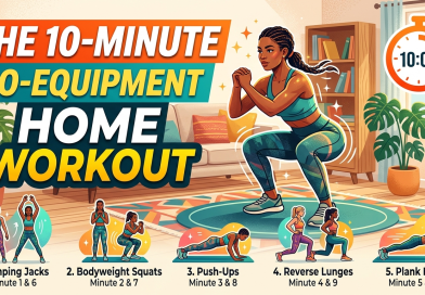 A vertical, infographic-style Pinterest Pin titled "THE 10-MINUTE NO-EQUIPMENT HOME WORKOUT". The left side features a prominent illustration of a woman in teal workout gear performing a bodyweight squat inside a cozy, modern living room. In the bottom right, an orange stopwatch icon displays "10:00". The right side and bottom of the image feature a step-by-step workout routine with small, colorful illustrations for each exercise: 1. Jumping Jacks (Minute 1 & 6), 2. Bodyweight Squats (Minute 2 & 7), 3. Push-Ups (Minute 3 & 8), 4. Reverse Lunges (Minute 4 & 9), and 5. Plank Hold (Minute 5 & 10). A dark blue banner at the very bottom reads