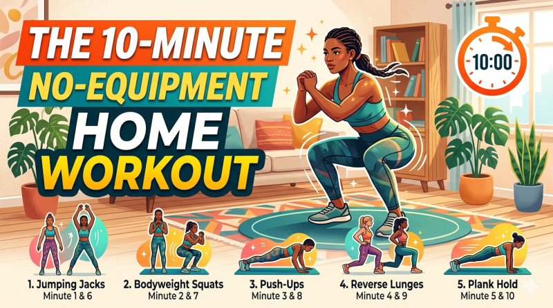 A vertical, infographic-style Pinterest Pin titled "THE 10-MINUTE NO-EQUIPMENT HOME WORKOUT". The left side features a prominent illustration of a woman in teal workout gear performing a bodyweight squat inside a cozy, modern living room. In the bottom right, an orange stopwatch icon displays "10:00". The right side and bottom of the image feature a step-by-step workout routine with small, colorful illustrations for each exercise: 1. Jumping Jacks (Minute 1 & 6), 2. Bodyweight Squats (Minute 2 & 7), 3. Push-Ups (Minute 3 & 8), 4. Reverse Lunges (Minute 4 & 9), and 5. Plank Hold (Minute 5 & 10). A dark blue banner at the very bottom reads