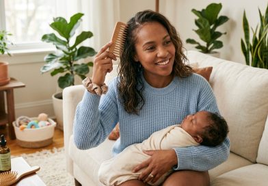 A smiling mother sitting on a couch, gently combing her hair with a wide-tooth wooden comb while holding her sleeping newborn baby