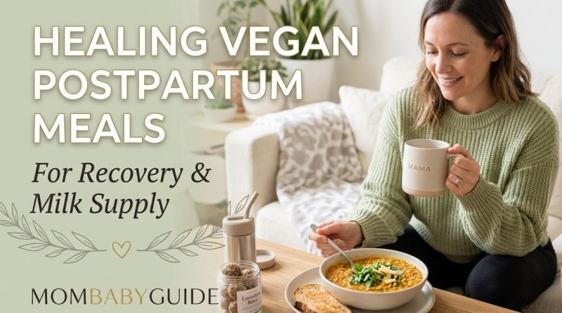 A smiling mom sitting on a cozy couch drinking from a "Mama" mug, enjoying a warm bowl of vegan red lentil postpartum stew next to a jar of oat lactation bites. Text overlay reads "Healing Vegan Postpartum Meals For Recovery & Milk Supply" with the MomBabyGuide logo