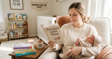 A mother sitting in a cozy nursery armchair, holding a sleeping newborn baby while reading the book "Precious Little Sleep." A stack of parenting books including "What to Expect the First Year" sits on a side table next to a "Mommy Guide" mug.