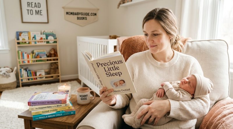 A mother sitting in a cozy nursery armchair, holding a sleeping newborn baby while reading the book "Precious Little Sleep." A stack of parenting books including "What to Expect the First Year" sits on a side table next to a "Mommy Guide" mug.