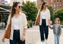 A smiling mother wearing a chic casual outfit with high-waisted dark denim jeans, a white t-shirt, an open beige linen button-down shirt, and sunglasses, holding hands with her young daughter on a city street