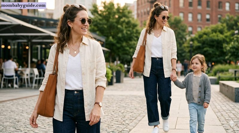 A smiling mother wearing a chic casual outfit with high-waisted dark denim jeans, a white t-shirt, an open beige linen button-down shirt, and sunglasses, holding hands with her young daughter on a city street