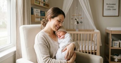 A smiling mother holding her swaddled newborn baby in a nursery for mombabyguide.com