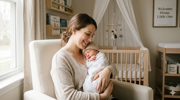 A smiling mother holding her swaddled newborn baby in a nursery for mombabyguide.com