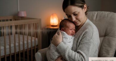 A tired mother lovingly cradling her fussy newborn baby swaddled in a cloud-print blanket, in a dimly lit nursery to help with the 3-week sleep regression.