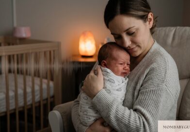 A tired mother lovingly cradling her fussy newborn baby swaddled in a cloud-print blanket, in a dimly lit nursery to help with the 3-week sleep regression.