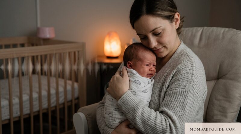 A tired mother lovingly cradling her fussy newborn baby swaddled in a cloud-print blanket, in a dimly lit nursery to help with the 3-week sleep regression.