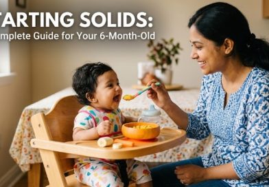 A South Asian mother smiling and feeding her 6-month-old baby girl mashed food from a bowl while the baby sits in a wooden high chair, featuring the text "STARTING SOLIDS: A Complete Guide for Your 6-Month-Old.